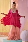 Buy_Anu Pellakuru_Pink Chinnon Chiffon Embroidery Petunia Bloom Kaftan Tunic With Sharara Pant _at_Aza_Fashions