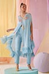 Buy_Anu Pellakuru_Blue Modal Silk Embroidery Glass Beads V Neck Gul Front Slit Cape Pant Set _Online_at_Aza_Fashions