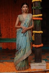 Shop_Archana Jaju_Blue Banarasi Silk Hand Painted Kalamkari Saree _at_Aza_Fashions