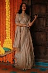 Shop_Archana Jaju_Pink Handwoven Organza Silk Embroidered Zari Cutwork Pre-draped Skirt Saree Set _at_Aza_Fashions