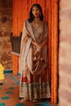 Shop_Archana Jaju_Orange Anarkali Handwoven Soft Silk Hand Painted Kalamkari Deep V With Dupatta _Online_at_Aza_Fashions