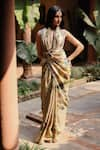 Buy_Archana Jaju_Yellow Tussar Silk Hand Painted Kalamkari Deep V Saree With Embroidered Blouse _at_Aza_Fashions