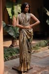 Archana Jaju_Yellow Tussar Silk Hand Painted Kalamkari Deep V Saree With Embroidered Blouse _at_Aza_Fashions