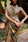 Buy_Archana Jaju_Yellow Tussar Silk Hand Painted Kalamkari Deep V Saree With Embroidered Blouse 