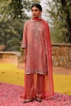 Buy_Archana Jaju_Pink Handwoven Organza Silk Embroidered Thread Notched Kurta Pant Set _at_Aza_Fashions