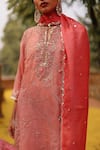 Buy_Archana Jaju_Pink Handwoven Organza Silk Embroidered Thread Notched Kurta Pant Set _Online_at_Aza_Fashions