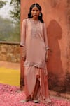 Buy_Archana Jaju_Pink Satin Silk Embroidered Thread Cutwork Notched Kurta And Skirt Set _at_Aza_Fashions