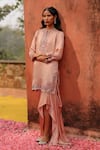 Shop_Archana Jaju_Pink Satin Silk Embroidered Thread Cutwork Notched Kurta And Skirt Set _at_Aza_Fashions