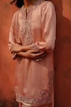 Archana Jaju_Pink Satin Silk Embroidered Thread Cutwork Notched Kurta And Skirt Set _at_Aza_Fashions