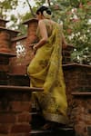 Shop_Archana Jaju_Yellow Handwoven Organza Silk Hand Painted Cutwork Zari Embellished Saree _at_Aza_Fashions