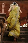 Archana Jaju_Yellow Handwoven Organza Silk Hand Painted Cutwork Zari Embellished Saree _at_Aza_Fashions