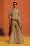 Buy_Archana Jaju_Beige Handwoven Organza Silk Threadwork Cutwork Blossom Kurta Sharara Set _at_Aza_Fashions