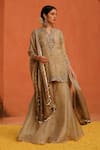 Shop_Archana Jaju_Beige Handwoven Organza Silk Threadwork Cutwork Blossom Kurta Sharara Set _at_Aza_Fashions