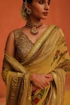 Buy_Archana Jaju_Yellow Kalamkari Hand Painted Geometric Floral Saree _Online_at_Aza_Fashions