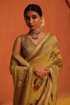 Shop_Archana Jaju_Yellow Kalamkari Hand Painted Geometric Floral Saree _Online_at_Aza_Fashions