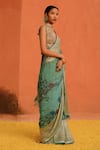 Shop_Archana Jaju_Blue Kalamkari Hand Painted Geometric Floral Honeycomb Saree _at_Aza_Fashions