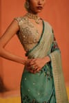 Archana Jaju_Blue Kalamkari Hand Painted Geometric Floral Honeycomb Saree _Online_at_Aza_Fashions