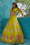 Buy_Basil Leaf_Yellow Viscose Tussar Embroidered Sequin V Neck Floral Print Lehenga Blouse Set _at_Aza_Fashions