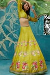 Buy_Basil Leaf_Yellow Viscose Tussar Embroidered Sequin V Neck Floral Print Lehenga Blouse Set _Online_at_Aza_Fashions