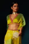 Basil Leaf_Yellow Chinon Chiffon Hand Embellished Floral V Ombre Top With Pant _at_Aza_Fashions