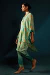 Basil Leaf_Blue Chinon Chiffon Printed Floral V Shaded Asymmetric Kaftan Kurta And Pant Set _Online_at_Aza_Fashions