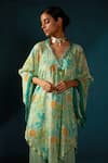 Buy_Basil Leaf_Blue Chinon Chiffon Printed Floral V Shaded Asymmetric Kaftan Kurta And Pant Set _Online_at_Aza_Fashions