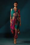 Buy_Basil Leaf_Green Chinon Chiffon Printed Floral Abstract Asymmetric Kaftan Kurta And Pant Set _at_Aza_Fashions