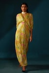 Buy_Basil Leaf_Yellow Chinon Chiffon Printed Floral V Neck Longline Kaftan_at_Aza_Fashions