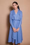 Ojasmé by Sanjana Thapa_Blue 100% Linen Collared Rowena Periwinkle Shirt Dress With Belt _Online_at_Aza_Fashions