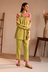 ROZA_Green Linen Water Color Florals V Neck Amalfi Pattern Tunic _Online_at_Aza_Fashions