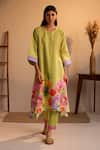 Buy_ROZA_Green Linen Water Color Florals Round Florence Pattern Kurta  _at_Aza_Fashions