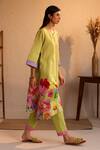 ROZA_Green Linen Water Color Florals Round Florence Pattern Kurta  _Online_at_Aza_Fashions