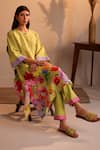 ROZA_Green Linen Water Color Florals Round Florence Pattern Kurta  _at_Aza_Fashions