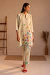 Buy_ROZA_Green Linen Water Color Pancies Floral Limoncello Flower Tunic  _at_Aza_Fashions