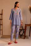 Buy_ROZA_Purple Linen Water Color Pancies Floral Pattern Limoncello Tunic  _at_Aza_Fashions