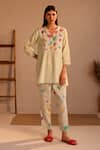 Buy_ROZA_Green Linen Water Color Pancies Floral Limoncello Flower Tunic  _at_Aza_Fashions