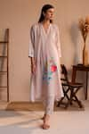 Buy_ROZA_Pink Linen Print Floral Notched Sorbet Bloom Pattern Kurta With Pant  _at_Aza_Fashions