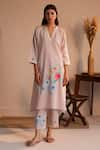 ROZA_Pink Linen Print Floral Notched Sorbet Bloom Pattern Kurta With Pant  _Online_at_Aza_Fashions