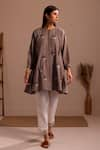 Buy_ROZA_Brown Linen Hand Embroidery Floral Round Collar Stardust Tunic  _at_Aza_Fashions