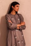 ROZA_Brown Linen Hand Embroidery Floral Round Collar Stardust Tunic  _Online_at_Aza_Fashions