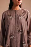 Buy_ROZA_Brown Linen Hand Embroidery Floral Round Collar Stardust Tunic  _Online_at_Aza_Fashions