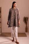 ROZA_Brown Linen Hand Embroidery Floral Round Collar Stardust Tunic  _at_Aza_Fashions