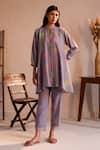 Buy_ROZA_Purple Linen Print Floral Round Neck Tuscany Flower Tunic  _at_Aza_Fashions