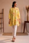 Buy_ROZA_Yellow Linen Print Floral Round Neck Tuscany Flower Bloom Tunic  _at_Aza_Fashions