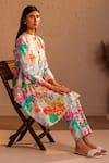 ROZA_Ivory Linen Print Floral Round Collar Venice Flower Tunic With Pant  _at_Aza_Fashions