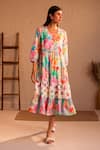 Buy_ROZA_Multi Color Linen Print Floral Round Neck Venice Bloom Dress  _at_Aza_Fashions