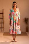 ROZA_Multi Color Linen Print Floral Round Neck Venice Bloom Dress  _at_Aza_Fashions