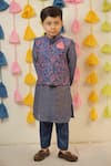 Buy_TINY COLOUR_Blue Chanderi Printed Floral Nehru Jacket Kurta Set _at_Aza_Fashions