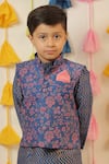 Buy_TINY COLOUR_Blue Chanderi Printed Floral Nehru Jacket Kurta Set _Online_at_Aza_Fashions