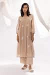 Buy_Pants And Pajamas_Ivory Chanderi, Cotton, Silk Embroidery V-neck Kurta And Pant Set _at_Aza_Fashions
